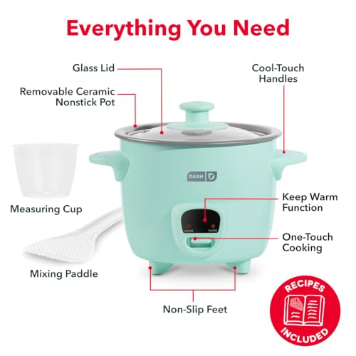 Dash Mini Rice Cooker, 2-Cup Removable Ceramic Nonstick Pot, Aqua