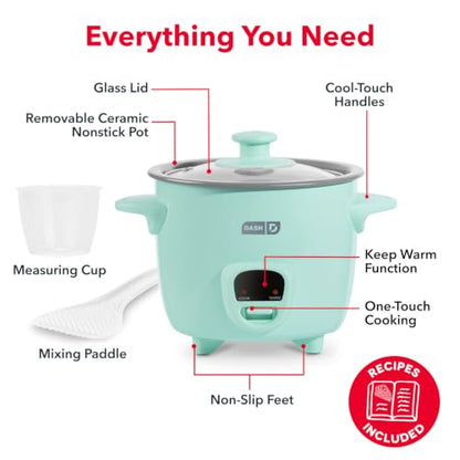 Dash Mini Rice Cooker, 2-Cup Removable Ceramic Nonstick Pot, Aqua