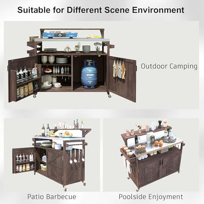 Merax 53.3" Outdoor Kitchen Island with Raised Shelf, Solid Wood Storage Cabinet with Stainless Steel Top, Rolling Grill Cart, Adjustable Shelf, Brown