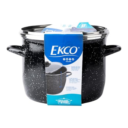 EKCO EOS 8-Quart Speckled Stockpot with Glass Lid (Black) Soup Pot for All Ranges, Dishwasher & Oven Safe up to 350°F - Non-Reactive Enameled Interior Pot for Gumbo, Stew, Boil, Pasta, Chili