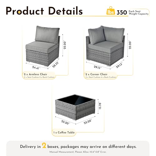 Weaxty 5 Pieces Wicker Patio Furniture Sets, Outdoor Sectional Sofas with Coffee Table, Thicken Cushion All Weather Rattan Patio Conversation Couch Set for Porch Balcony Yard Poolside, Dark Grey