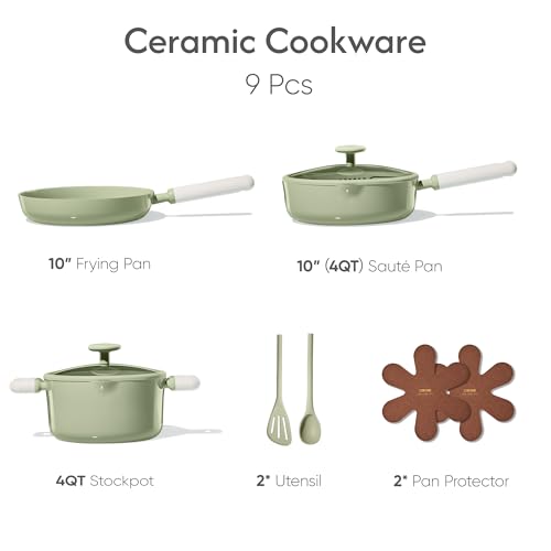 CAROTE Pots and Pans Set Nonstick, Ceramic Cookware Set, Green Cooking Set Kitchen Induction Set with Steamer, PFAS PTFE Free,9 Piece