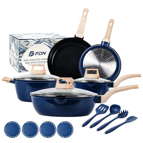 FDN 16Pcs Titanium Pots and Pans Set,Toxic-Free Cookware Set, Dishwasher & Oven Safe, Induction Compatible with Bakelite Wood Grain Handle, Compact and Durable