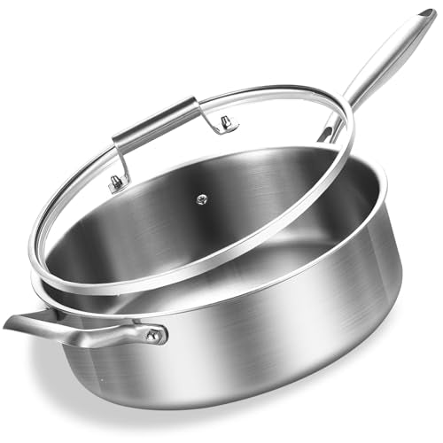 Inqibee Stainless Steel Saute Pan with Lid, 8 QT 13 Inch Tri-Ply Stainless Steel Deep Frying Pan, Large Skillet, Induction Compatible, All Cooktops, Oven & Dishwasher Safe