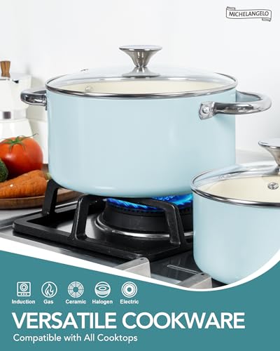 MICHELANGELO Pots and Pans Set Non Stick, 8-Piece Ti-infused Ceramic Cookware Set with Silicone Utensils - Induction Compatible, Oven Safe, PFOA-Free, Blue