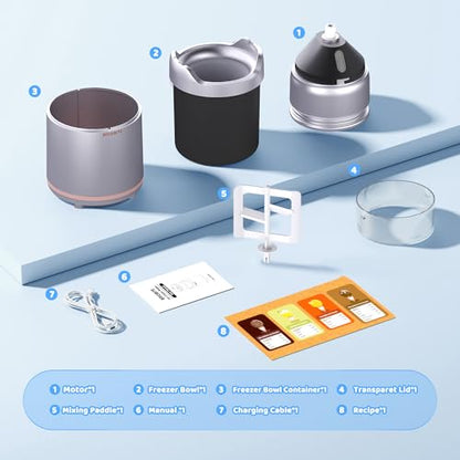 BRIOBITE Ice Cream Maker,Rechargeable Soft Ice Cream Machine with Low Noise,Compact for 1-2 Servings,Perfect for Sorbet,Gelato,Frozen Yogurt,Silver
