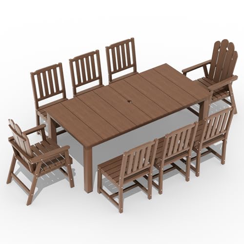 Tioline 9-Piece Patio Dining Set, Outdoor Dining Set for 8, HDPE All-Weather Outdoor Furniture with 75.20” Umbrella Hole Table, 2 Armchairs & 6 Armless Chairs, Brown