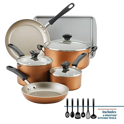 Farberware Cookstart Aluminum DiamondMax Nonstick Cookware Set, Kitchen Essentials, 15-Piece, Copper