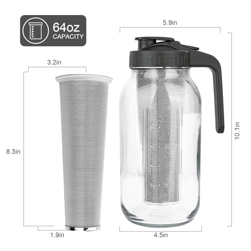 Cold Brew Coffee Maker,64 oz Mason Jar Pitcher with Stainless Steel Filter, Pour Spout Handle Lid, Heavy Duty Glass Airtight & Leak-Proof for Iced Coffee,Tea & Lemonade