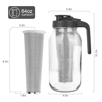 Cold Brew Coffee Maker,64 oz Mason Jar Pitcher with Stainless Steel Filter, Pour Spout Handle Lid, Heavy Duty Glass Airtight & Leak-Proof for Iced Coffee,Tea & Lemonade