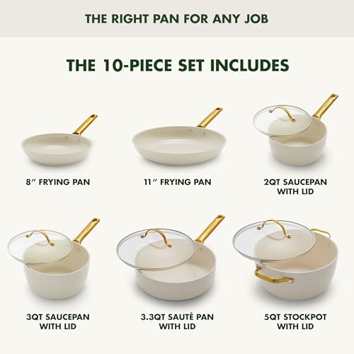 GreenPan Hard Anodized Healthy Ceramic Nonstick 10 Piece Cookware Pots and Pans Set, Gold-Tone Stainless Steel Handles, PFAS & PFOA-Free, Dishwasher Safe, Oven & Broiler Safe, Cream White