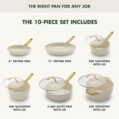 GreenPan Hard Anodized Healthy Ceramic Nonstick 10 Piece Cookware Pots and Pans Set, Gold-Tone Stainless Steel Handles, PFAS & PFOA-Free, Dishwasher Safe, Oven & Broiler Safe, Cream White