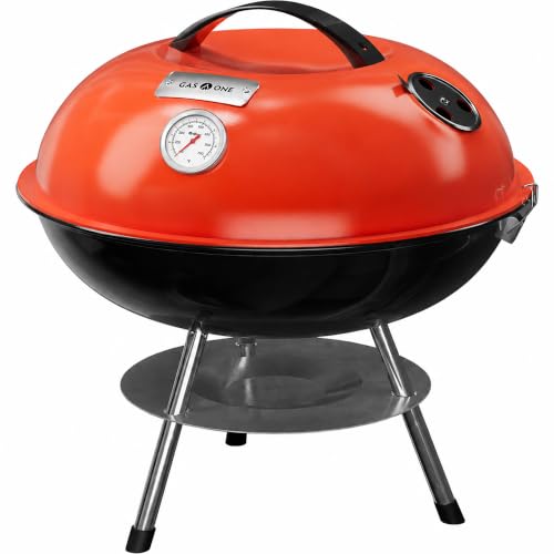 GasOne 14-inch Portable Charcoal Barbecue Grill with Thermometer – Red