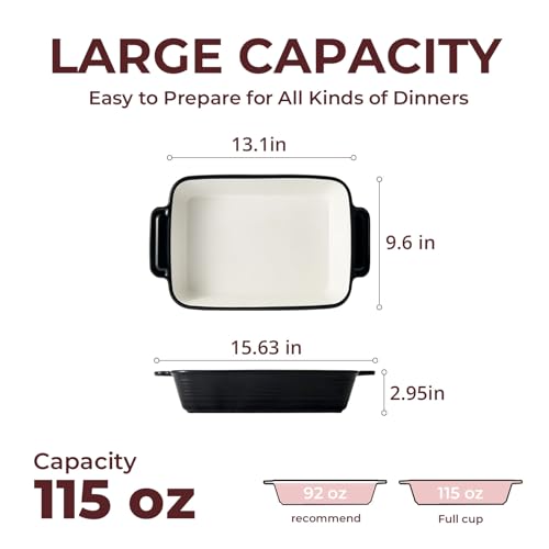 LIFVER Casserole Dish for Oven, 9x13 Ceramic Baking Dish, 115oz Large Lasagna Pan, Durable Deep Baking Pan with Handles, Oven Safe, Home & Kitchen Decor Gifts, Black