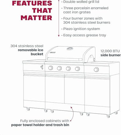Tytus Fresno 5-Burner Propane or Natural Gas Island Grill – 864 sq. in. Cooking, 48,000 BTU Main + 12,000 BTU Side Burner, Porcelain Grates, Storage Cabinets, Semi-Portable - SS/Ash Stone