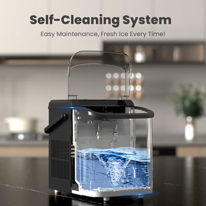 DUMOS Countertop Ice Maker with Handle, 26lbs/24H Portable Ice Machine, 9 Bullet Cubes Ready in 6 Mins, Self-Cleaning, Quiet Compact for Home, Kitchen, RV, Camping, Modern Black