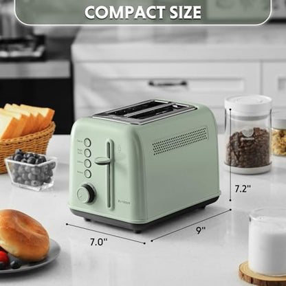 BUYDEEM DT620 2-Slice Toaster, 7 Shade Settings, Extra Wide 1.5'' Slots for Bagel & English Muffin, 6 Toasting Functions, Retro Stainless Steel Toaster with High Lift Lever, Cozy Greenish