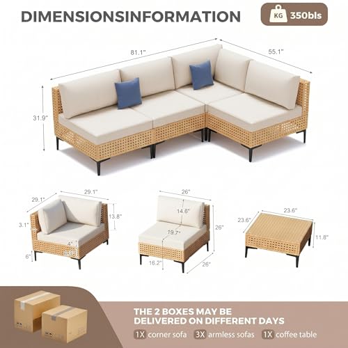 WELYAS Outdoor Sectional 5 Piece Modular Patio Furniture Set Free Combination Outdoor Couch with Thick Cushion All Weather Wicker Patio Conversation Sets for Backyard, Deck, Poolside
