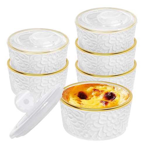 6 Sets Ramekins Oven Safe with Lids, 8 OZ Creme Brulee Ramekins Embossed Flora White Ceramic Ramekin Baking Dish for Souffle Custard Dips Soup Small Bowls for Dessert Appetizers Meal Prep Thanksgiving Christmas Gift
