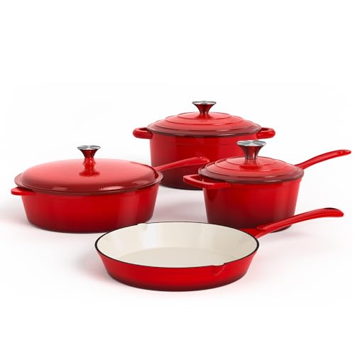 DishDelight Enameled Cast Iron Cookware Set, 7 Piece Induction Dutch Oven Set with Lid, Red Pots and Pans Set Nonstick, PFOA&PFAS Free