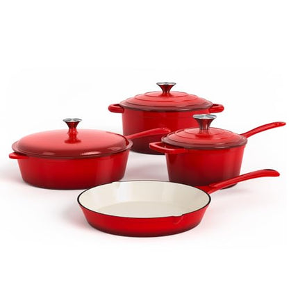 DishDelight Enameled Cast Iron Cookware Set, 7 Piece Induction Dutch Oven Set with Lid, Red Pots and Pans Set Nonstick, PFOA&PFAS Free