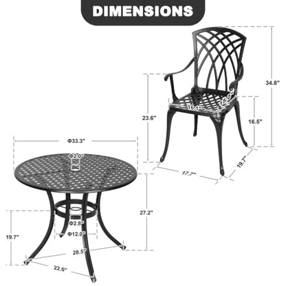 NUU GARDEN 5-Piece Outdoor Dining Set, 33" Cast Aluminum Dining Table with Umbrella Hole and 4 Cast Aluminum Chairs, Patio Table and Chair Set, Patio Dining Set for Poolside Deck Yard Balcony, Black