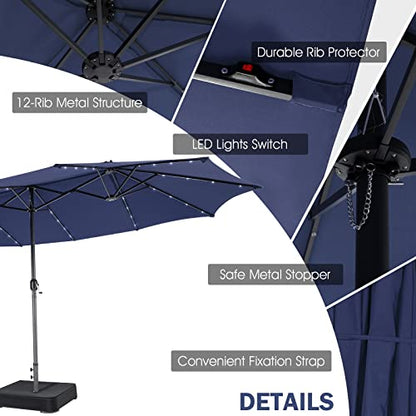 Tangkula 11 Pieces Patio Dining Set with 15ft Double-Sided LED Patio Umbrella (Base Included), Outdoor Rattan Furniture Set with 8 Stackable Chairs, Acacia Wood Dining Table and Umbrella (Navy)