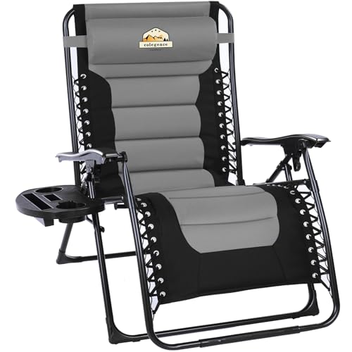 Colegence Oversized Padded Zero Gravity Lounge Chair, Foldable Patio Anti Gravity Reclining Chairs Folding Lawn Recliner with Cup Holder for Yard, Camping, Outdoor, Support 350 LBS, Black