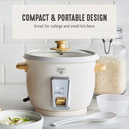 GreenLife Rice Cooker with Removable PFAS-Free Ceramic Nonstick Pot, 3-Cups Uncooked/6-Cups Cooked, Grains & Oatmeal Multicooker, Compact One-Switch Design, Auto Keep Warm, Easy Clean, Cream