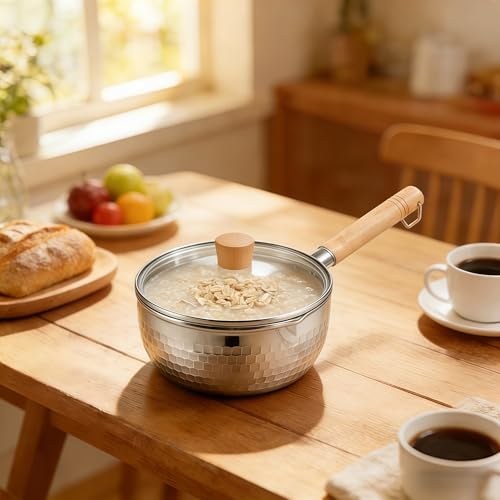 2 Quart Sauce Pan with Lid, Stainless Steel Saucepan with Dual Pour Spouts, Small Sauce Pot with Cool-Touch Wood Handle