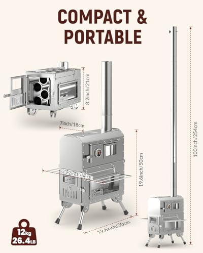 YRenZ Tent Stove Wood Stove with Oven – 2-in-1 Dual-Use Outdoor Camping Oven for Tent Cooking, Stainless Steel High Temperature Stove, Glass Door, Anti-Slip Feet, Full Accessories