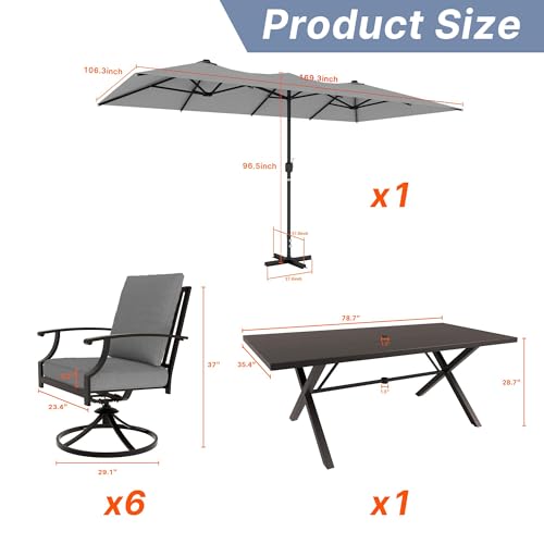 Gotland 7 Piece Outdoor Dining Table and Chairs for 6 with 14Ft Double-Sided Umbrella, Patio Swivel Dining Chairs for 6, Rectangular Patio Dining Table with Umbrella Hole Outdoor Patio Set