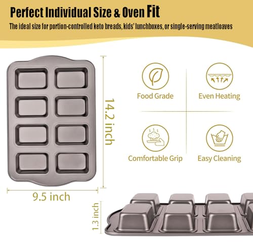 UCBAT Mini Loaf Baking Pans Set 8-Cavity with 200 PCS Parchment Liners, Nonstick Bakeware Rectangle Bread Pan, Heavy Duty Banana Bread Pan, Grey