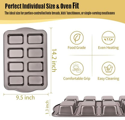UCBAT Mini Loaf Baking Pans Set 8-Cavity with 200 PCS Parchment Liners, Nonstick Bakeware Rectangle Bread Pan, Heavy Duty Banana Bread Pan, Grey