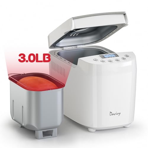 Davivy 3LB Large Capacity Bread Machine, 850W Powerful Automatic Bread Maker with 15 Programs, 3 Crust Colors & 1.5H 3LB Quick Bake, Nonstick Pan, 15H Delay Timer for Gluten Free Yogurt Dough