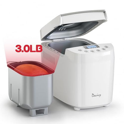Davivy 3LB Large Capacity Bread Machine, 850W Powerful Automatic Bread Maker with 15 Programs, 3 Crust Colors & 1.5H 3LB Quick Bake, Nonstick Pan, 15H Delay Timer for Gluten Free Yogurt Dough