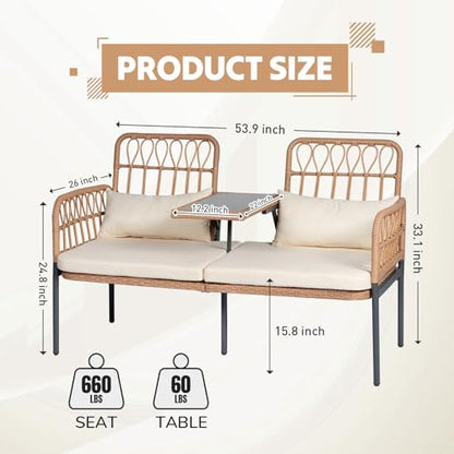 PROHIKER ROHIKER Outdoor Patio Loveseat Rattan Loveseat 2-Seat Furniture with Built-in Table, Lumbar Pillows and Cushions, All-Weather Small Patio Couch for Balcony, Lawn, Backyard