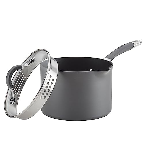 Circulon Radiance Hard-Anodized Nonstick Saucepan, Durable Nonstick Cookware, Sauce Pan with Straining Lid, 3-Quart, Gray