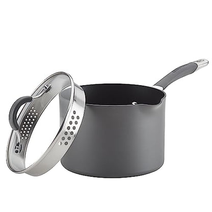 Circulon Radiance Hard-Anodized Nonstick Saucepan, Durable Nonstick Cookware, Sauce Pan with Straining Lid, 3-Quart, Gray