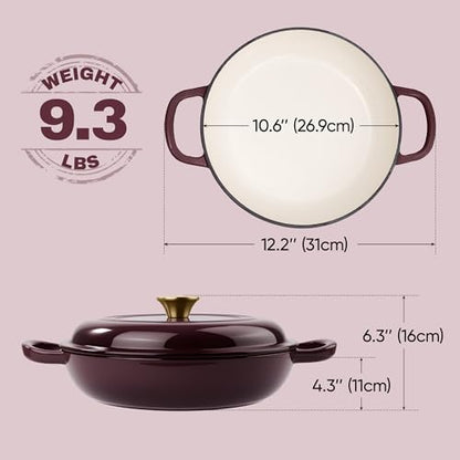 3 Quart Enameled Cast Iron Braiser, Non Stick Enameled Cast Iron Skillet with Lid, Dutch Oven Skillet with lid up to 500°F for Oven, Stove, Grill, Shallow Dutch Oven for Cook, Bake (Fig)