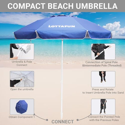 LOTTAFUN 6.5ft Beach Umbrella - Heavy Duty Wind Resistant UV 50+ Portable Sun Shade with Sand Anchor & Carry Bag, Outdoor Folding Umbrella for Beach, Pool, Patio, Garden (Dark Blue) No Tilt