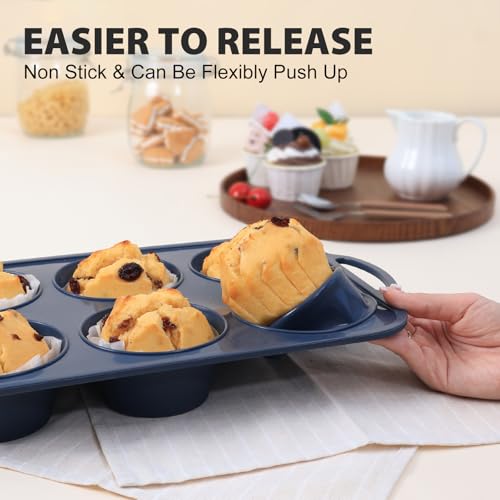 Vnray Jumbo Silicone Muffin Pan with Metal Frame, Non Stick Silicone Cupcake Pan with Handles 6 Cup, BPA Free Silicon Muffin Tin Tray Extra Large for baking, egg bites, Cupcake Mold Grey