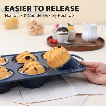 Vnray Jumbo Silicone Muffin Pan with Metal Frame, Non Stick Silicone Cupcake Pan with Handles 6 Cup, BPA Free Silicon Muffin Tin Tray Extra Large for baking, egg bites, Cupcake Mold Grey