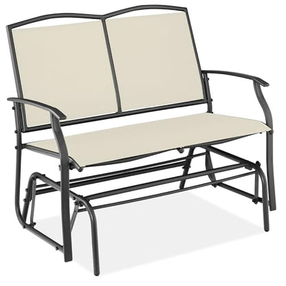 Best Choice Products 2-Person Outdoor Patio Swing Glider Steel Bench Loveseat Rocker for Deck, Porch w/Textilene Fabric, Steel Frame - Ivory/Gray