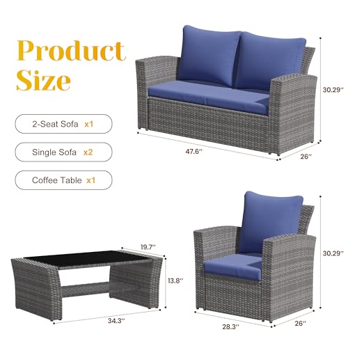 FansaFurn 4-Piece Outdoor Patio Furniture Set, All Weather Wicker Rattan Sectional Sofa Conversation Seating Set with Cushions & Large Glass Coffee Table, Ideal for Garden Backyard Porch, Blue