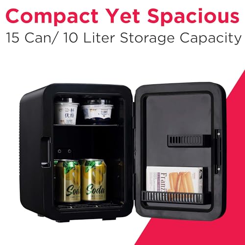 Frigidaire Mini Personal Fridge Cooler, Countertop, Holds Up to 10L/15 Cans, Brushed Black Stainless Rugged Design, Portable for Skincare, Makeup, Car, Office, Bedroom, Dorm Room, or Cabin