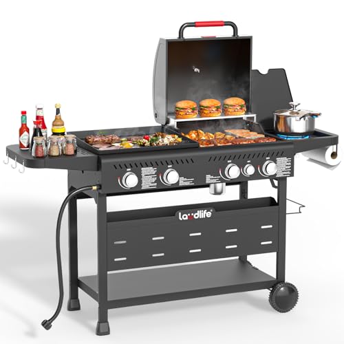 LAUDLIFE 5-Burner Propane Grill Griddle Combo with Side Burner, Dual Zone BBQ Gas Grill, Non-Stick Porcelain-Enameled Surface, Easy to Clean, 702 Sq.In. Cooking Area, Heavy-Duty Stand for Backyard