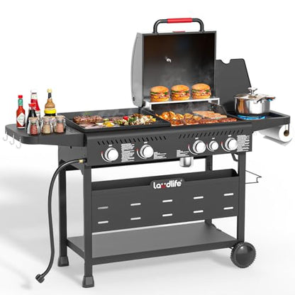 LAUDLIFE 5-Burner Propane Grill Griddle Combo with Side Burner, Dual Zone BBQ Gas Grill, Non-Stick Porcelain-Enameled Surface, Easy to Clean, 702 Sq.In. Cooking Area, Heavy-Duty Stand for Backyard