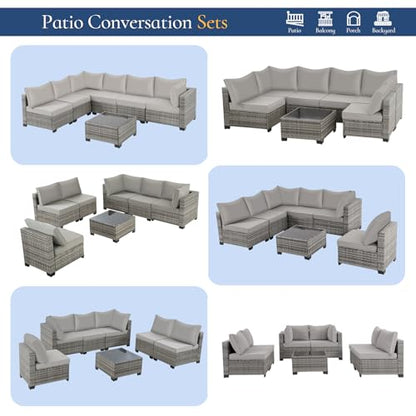 FHFO 7 Piece Outdoor Wicker Patio Furniture Set, Rattan Sectional Sofa Couch, Patio Conversation Set with Cushion & Coffee Table, for Backyard Poolside Porch Garden, Grey
