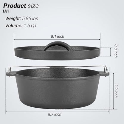 Northriver Casting Cast Iron Dutch Oven Pot with Lid, for Small Dishes, Side Dishes, Camping Cookware set, BBQ, Garlic Roaster, 1.5 Quart Pan
